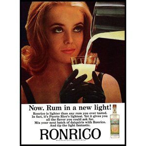1965 Ronrico Rum Vintage Print Ad Redhead Sexy Smokey Eyes Black Gloves Wall Art